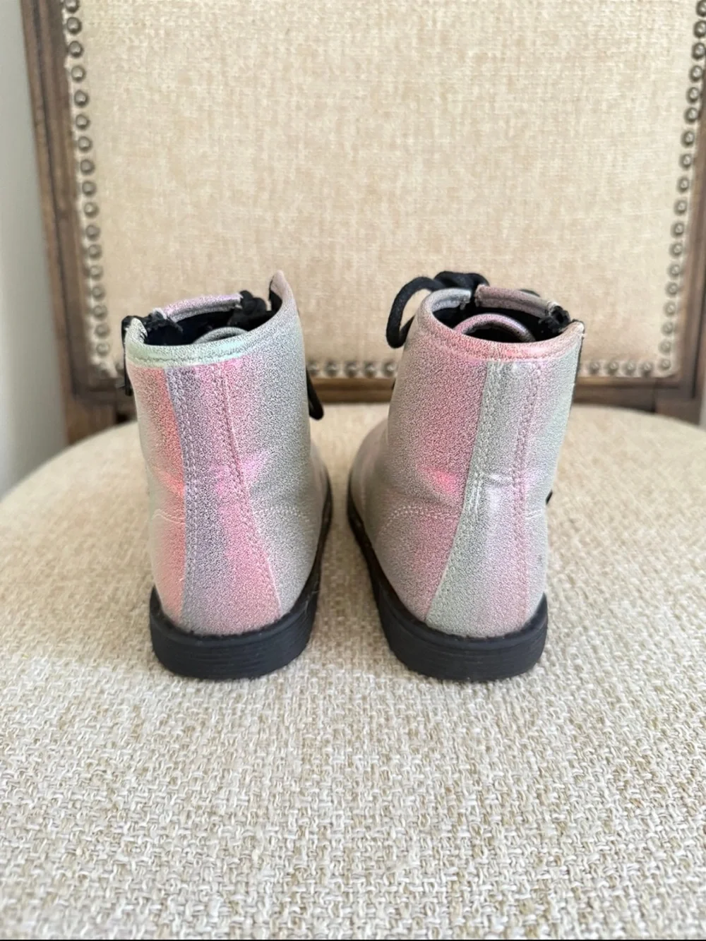 Kids toddler Iridescent rainbow shimmer leather Lace-Up zipper combat Boots sz10